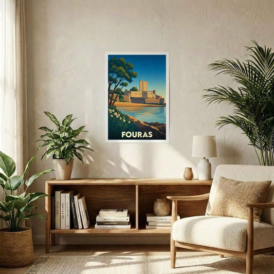 Affiche souvenir de la ville de Fouras illustrant son fort en bord de mer dans un style rétro.