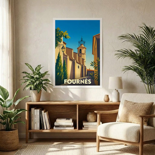 Affiche souvenir de la ville de Fournès avec une illustration stylisée et colorée.