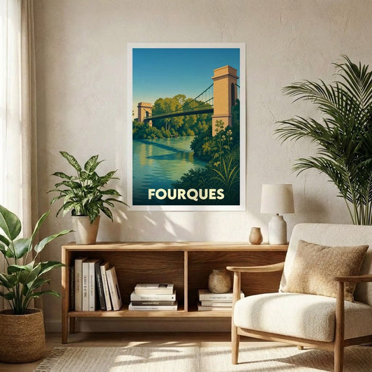 Affiche souvenir de la ville de Fourques avec une illustration stylisée d'un pont suspendu au-dessus de l'eau.