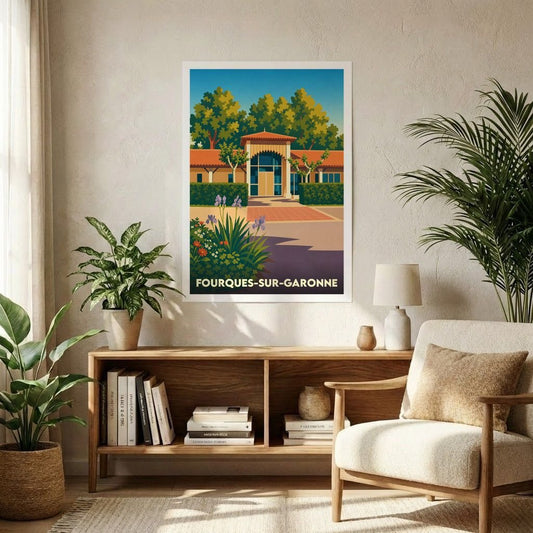 Affiche souvenir de la ville de Fourques-sur-Garonne avec une illustration stylisée d'un bâtiment ensoleillé.