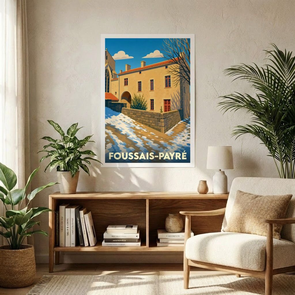Affiche souvenir de la ville de Foussais-Payré avec une illustration stylisée d'un bâtiment historique sous un ciel bleu.
