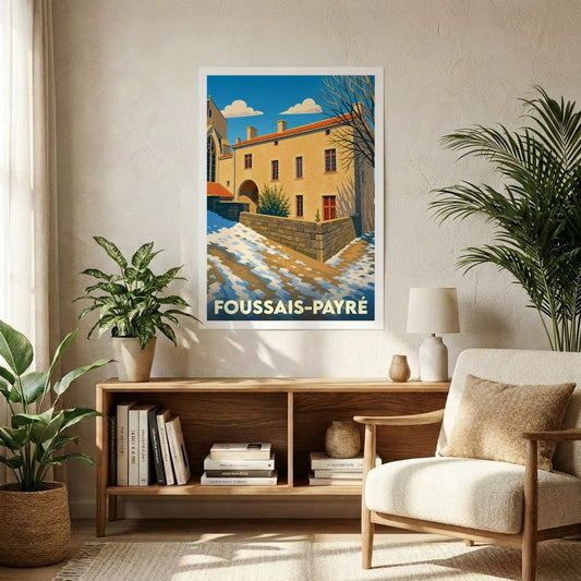 Affiche souvenir de la ville de Foussais-Payré avec une illustration stylisée d'un bâtiment historique sous un ciel bleu.