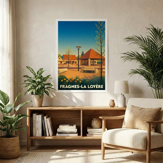 Affiche souvenir de la ville de Fragnes-La Loyère avec une illustration stylisée et colorée de ses paysages.