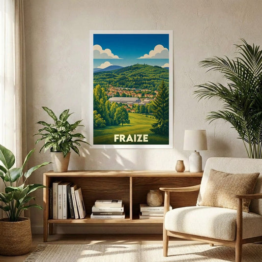 Affiche souvenir de la ville de Fraize avec une illustration paysagère stylisée.