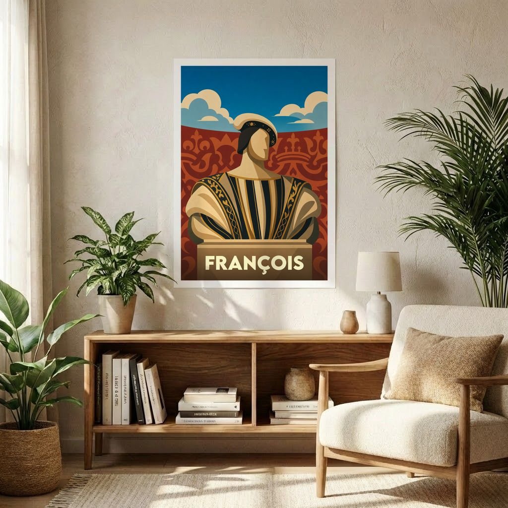 Affiche souvenir de la ville de François avec une illustration stylisée d'un buste royal.