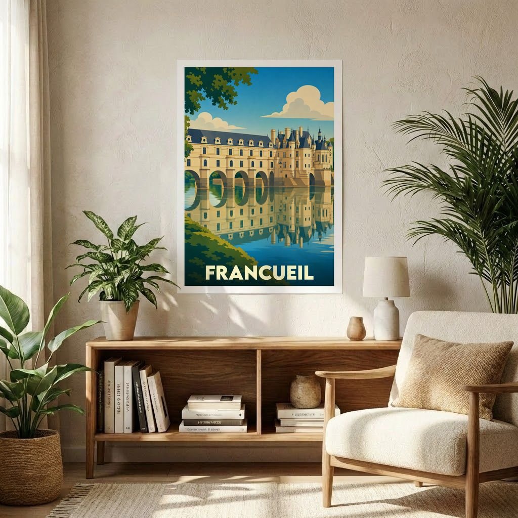 Affiche souvenir de la ville de Francueil représentant le château de Chenonceau dans un style graphique rétro.