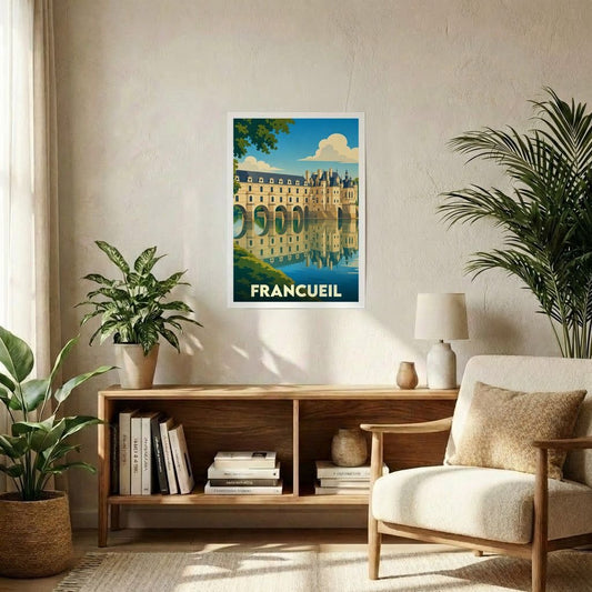 Affiche souvenir de la ville de Francueil représentant le château de Chenonceau avec une illustration stylisée.
