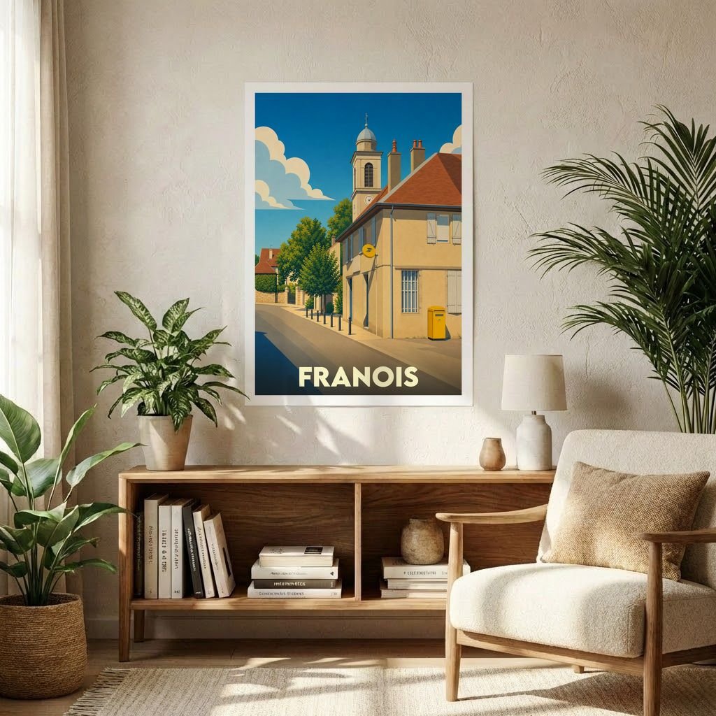 Affiche souvenir de la ville de Franois représentant une rue ensoleillée avec une illustration stylisée.