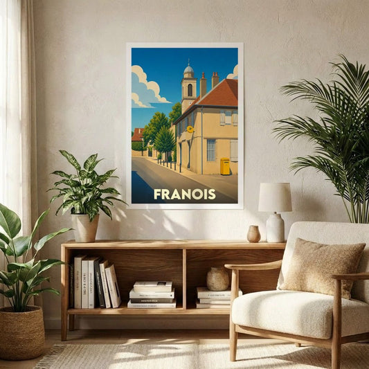 Affiche souvenir de la ville de Franois représentant une rue ensoleillée avec une illustration stylisée.