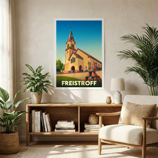 Affiche souvenir de la ville de Freistroff représentant son église dans un style graphique épuré.