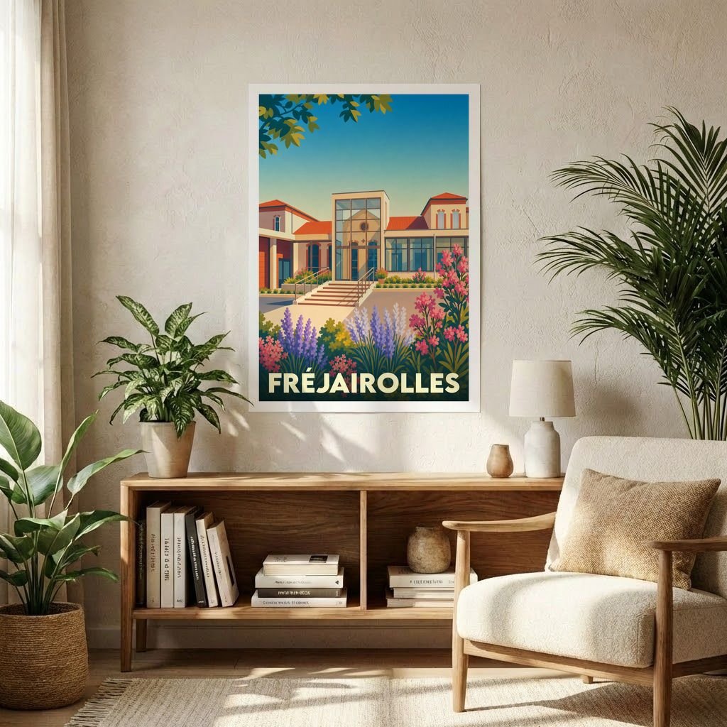 Affiche souvenir de la ville de Fréjairolles avec une illustration stylisée et colorée de son architecture.