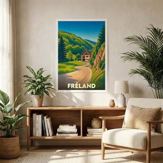Affiche souvenir de la ville de Fréland avec une illustration stylisée d'un paysage montagneux.