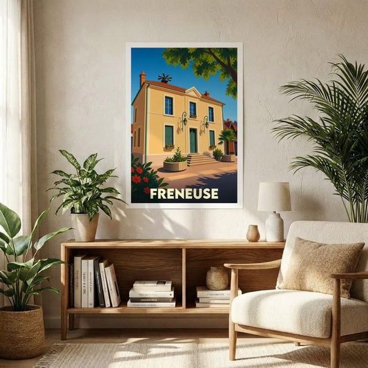 Affiche souvenir de la ville de Freneuse présentant une illustration stylisée d'une maison ensoleillée dans un cadre chaleureux.