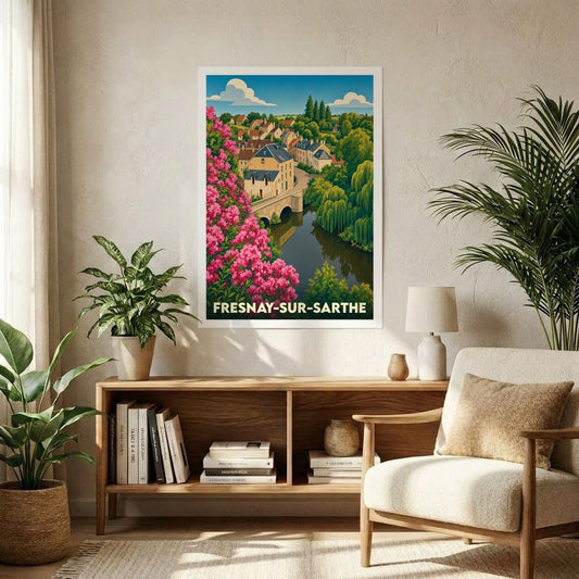 Affiche souvenir de la ville de Fresnay-sur-Sarthe avec une illustration stylisée d'un pont enjambant une rivière bordée de fleurs roses.