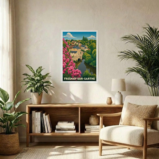 Affiche souvenir de la ville de Fresnay-sur-Sarthe avec une illustration stylisée et colorée.