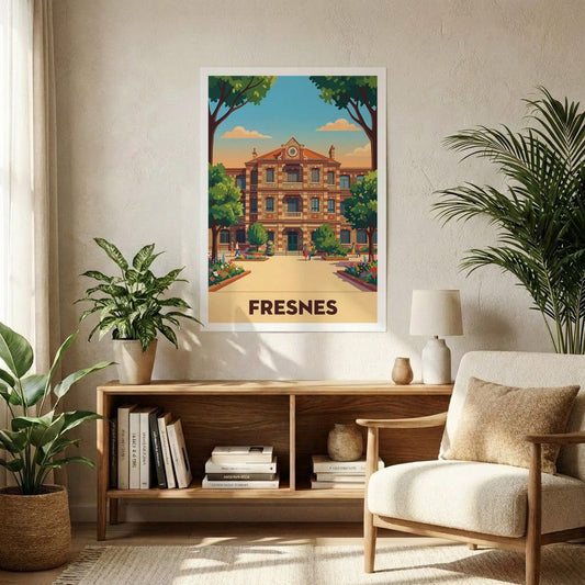 Affiche souvenir de la ville de Fresnes avec une illustration stylisée.