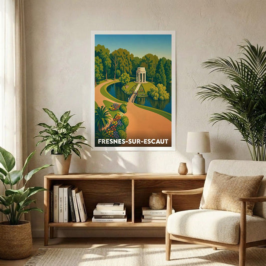 Affiche souvenir de la ville de Fresnes-sur-Escaut avec une illustration stylisée d'un parc arboré et de son kiosque.