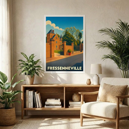 Affiche souvenir de la ville de Fressenneville avec une illustration stylisée d'un château en briques.