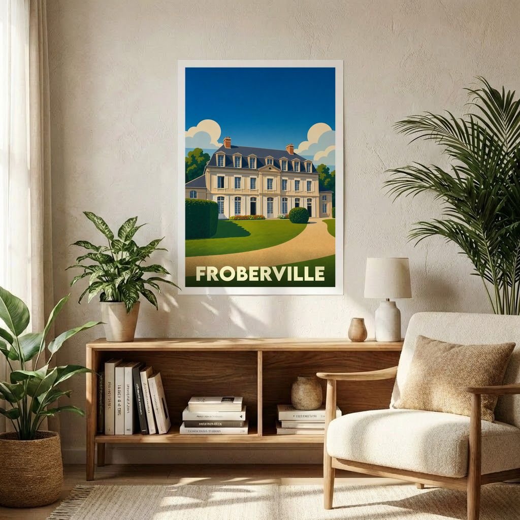 Affiche souvenir de la ville de Froberville présentant une illustration stylisée d'un manoir normand.