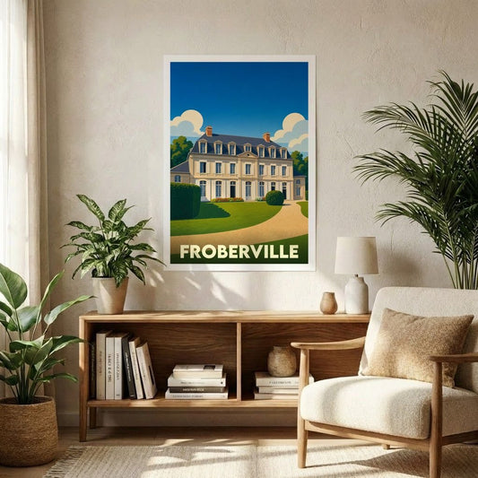Affiche souvenir de la ville de Froberville présentant une illustration stylisée d'un manoir normand.