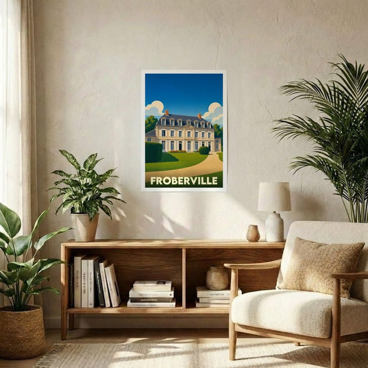 Affiche souvenir de la ville de Froberville avec une illustration stylisée d'un manoir normand.