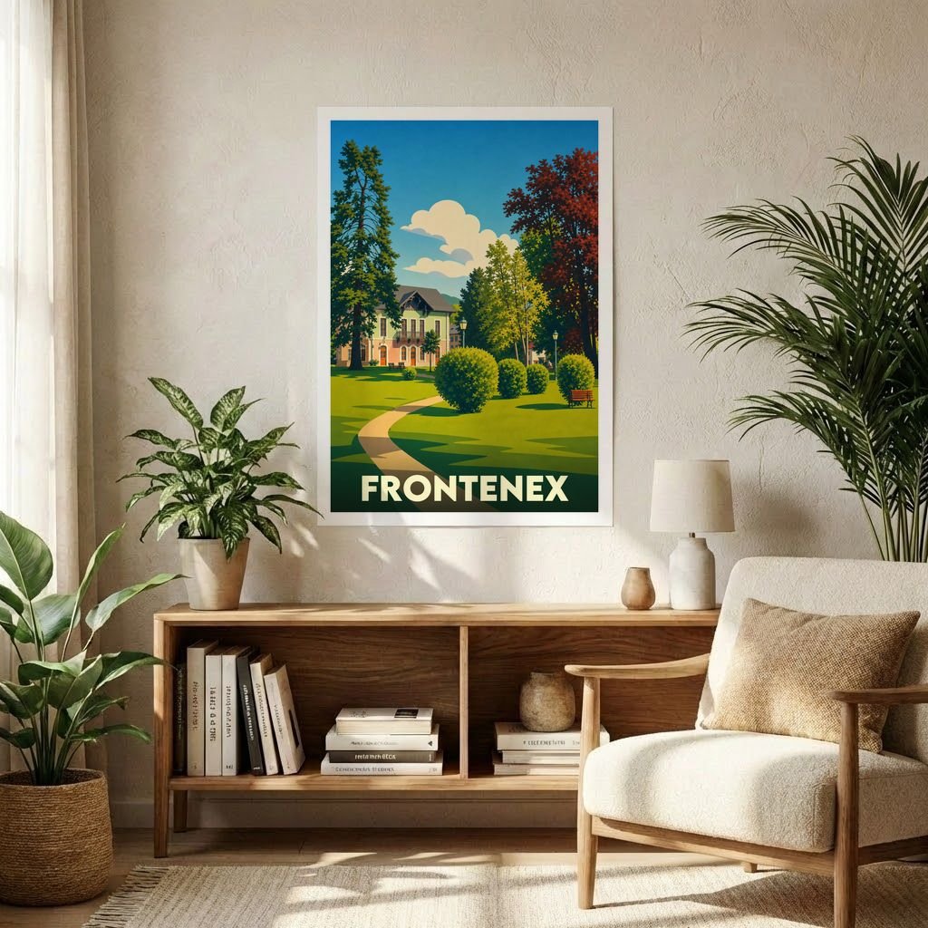 Affiche souvenir de la ville de Frontenex représentant un parc ensoleillé dans un style graphique vintage.