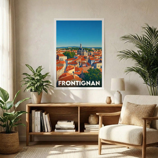 Affiche souvenir de la ville de Frontignan avec une illustration stylisée de ses toits colorés.