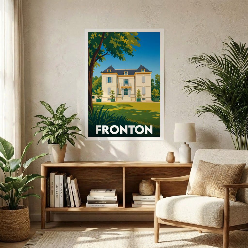Affiche souvenir de la ville de Fronton présentant une illustration stylisée d'un château ensoleillé.