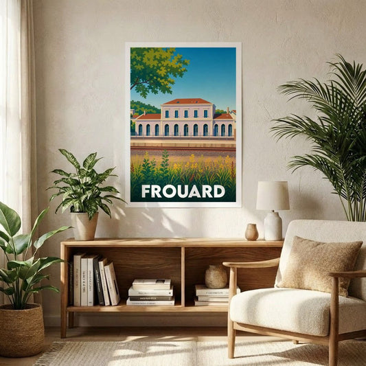 Affiche souvenir de la ville de Frouard avec une illustration stylisée.