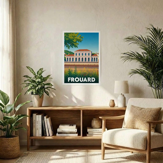 Affiche souvenir de la ville de Frouard avec une illustration stylisée de sa gare ferroviaire.