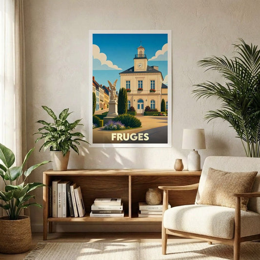 Affiche souvenir de la ville de Fruges avec une illustration stylisée de son hôtel de ville.