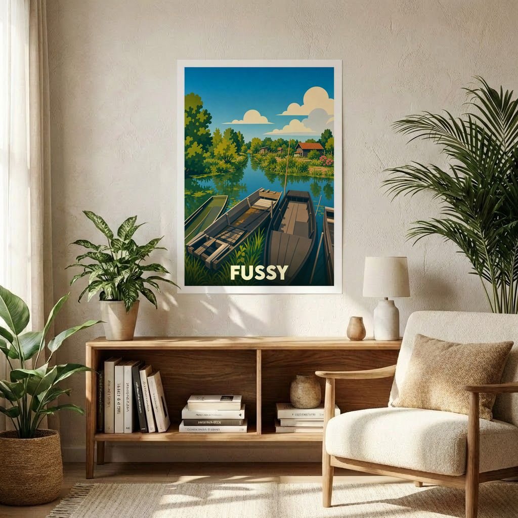 Affiche souvenir de la ville de Fussy avec une illustration stylisée d'un paysage de marais avec des barques.