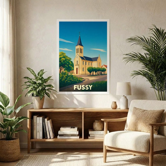 Affiche souvenir de la ville de Fussy représentant une église de village dans un style graphique épuré.