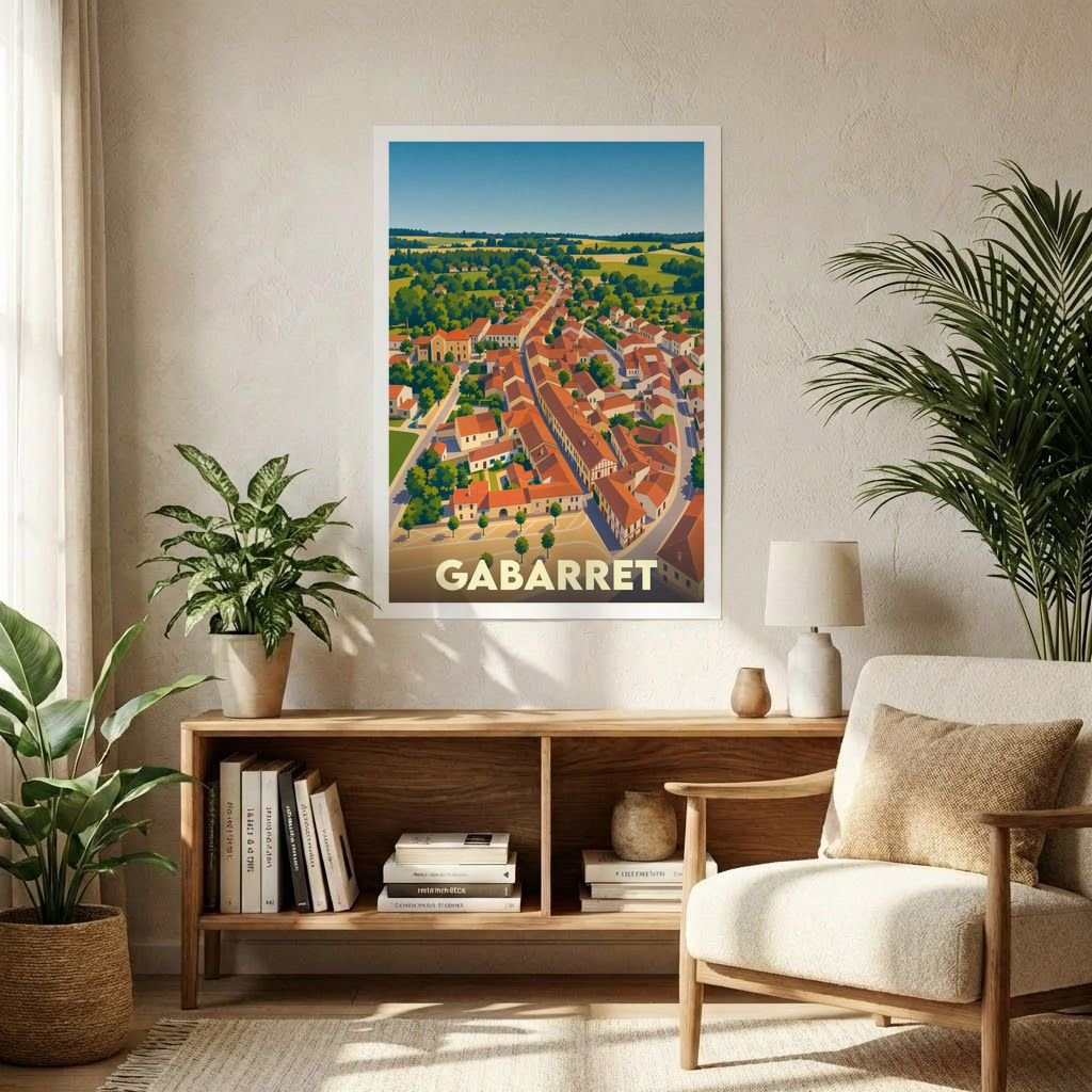 Affiche souvenir de la ville de Gabarret avec une illustration stylisée vue du ciel.