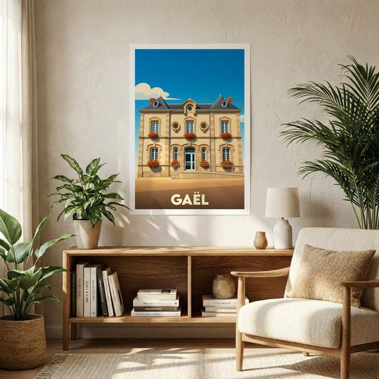 Affiche souvenir de la ville de Gaël avec une illustration stylisée de son hôtel de ville.