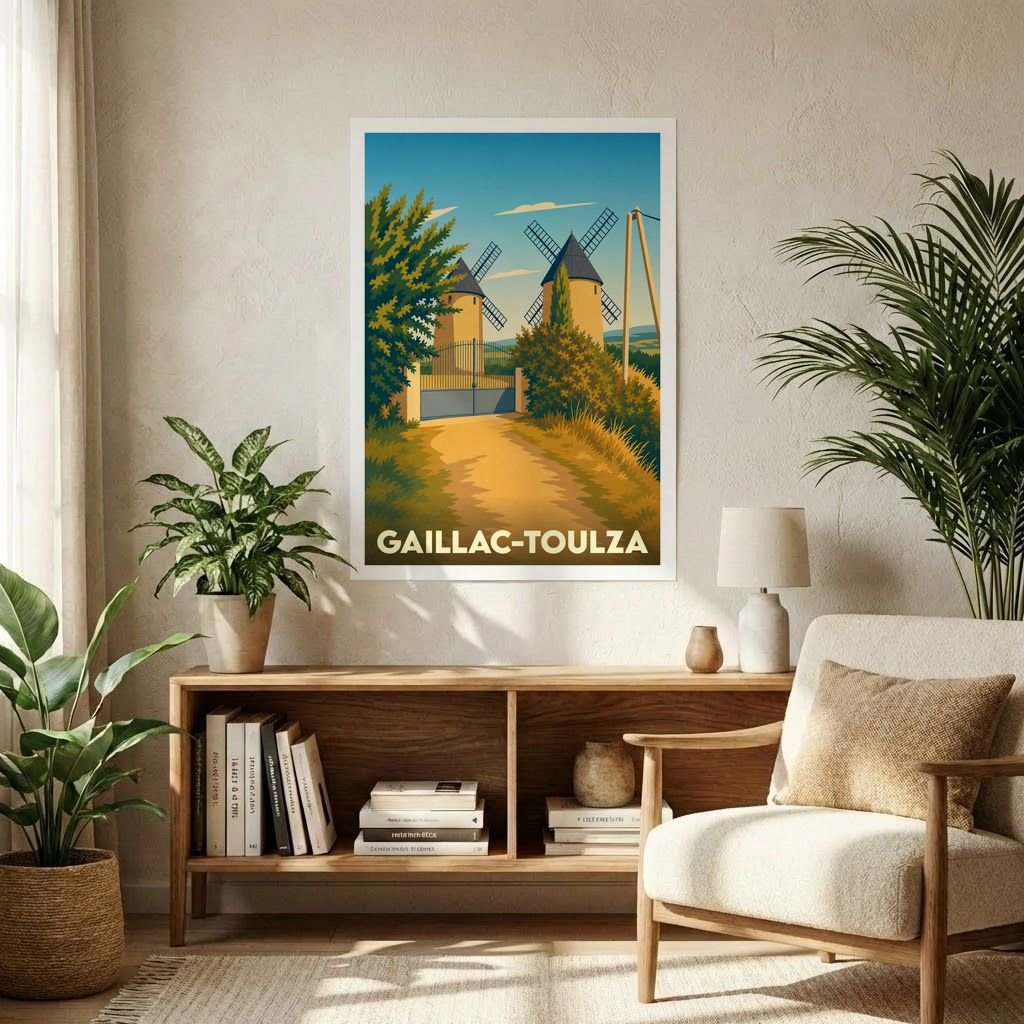 Affiche souvenir de la ville de Gaillac-Toulza illustrant deux moulins à vent dans un style graphique rétro.