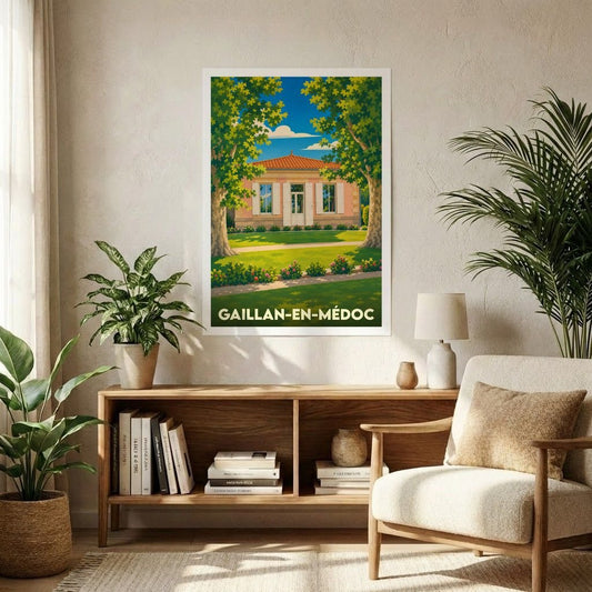 Affiche souvenir de la ville de Gaillan-en-Médoc avec une illustration stylisée d'une maison médocaine entourée de verdure.