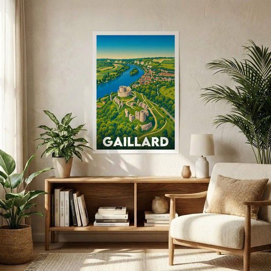 Affiche souvenir de la ville de Gaillard avec une illustration stylisée d'un château surplombant un fleuve.
