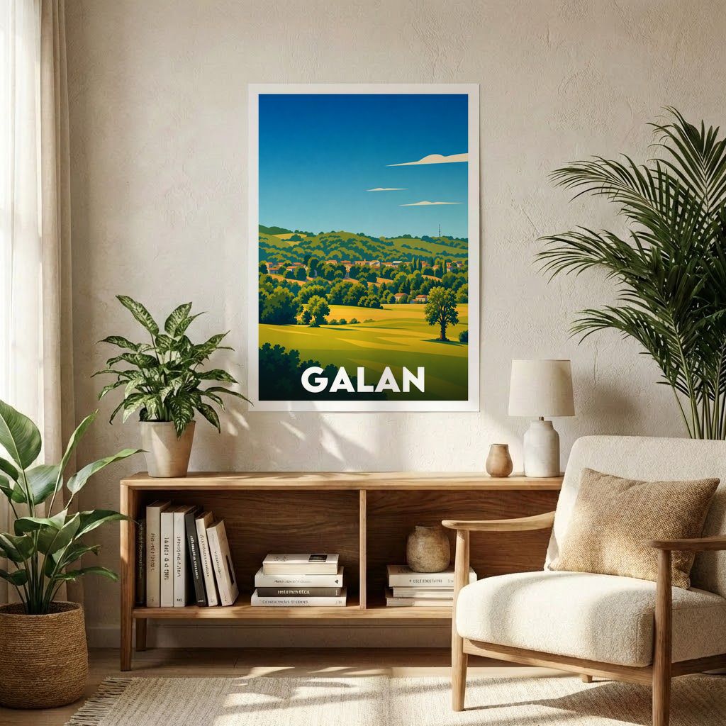 Affiche souvenir de la ville de Galan avec une illustration stylisée représentant un paysage vallonné.