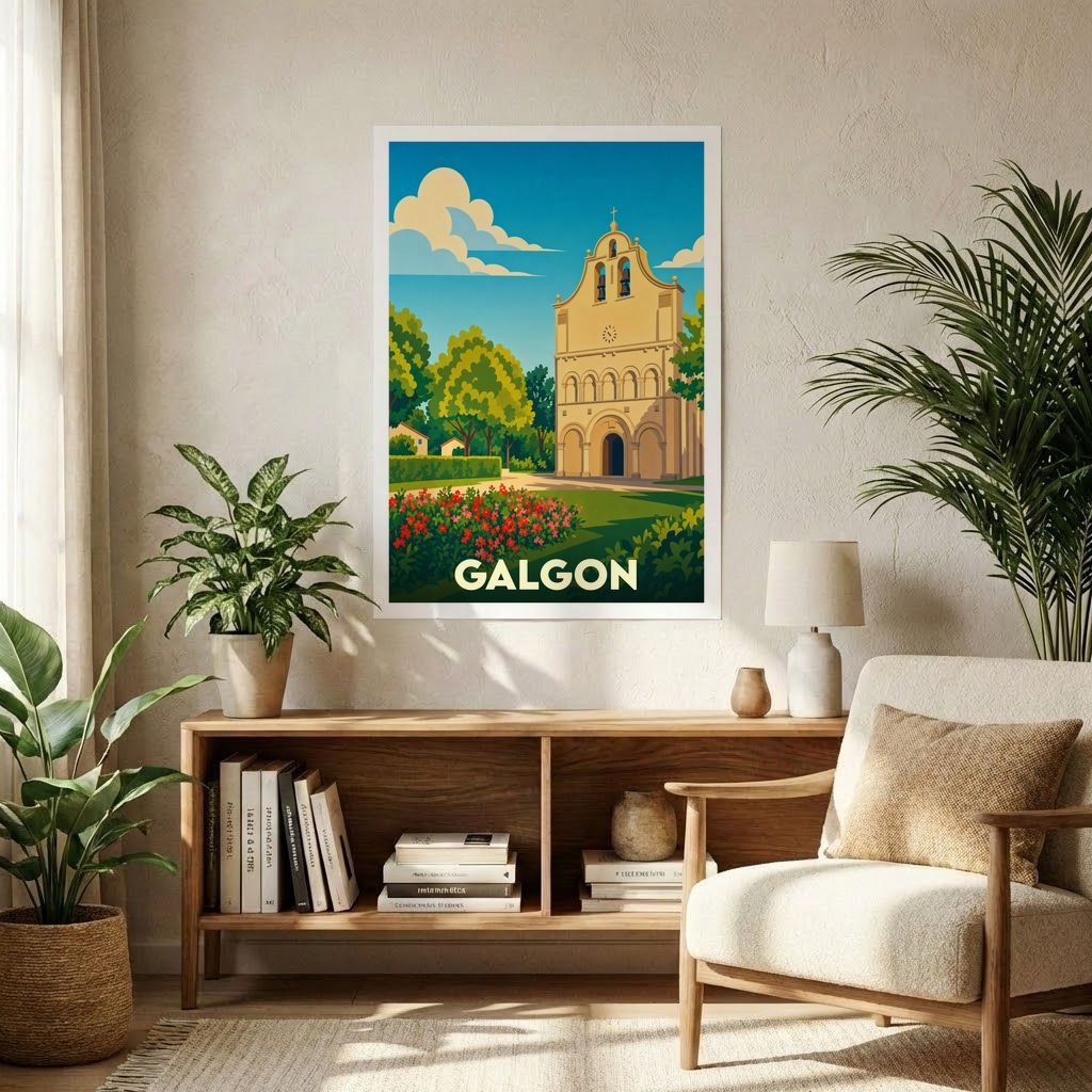 Affiche souvenir de la ville de Galgon représentant son église dans un style graphique rétro et coloré.