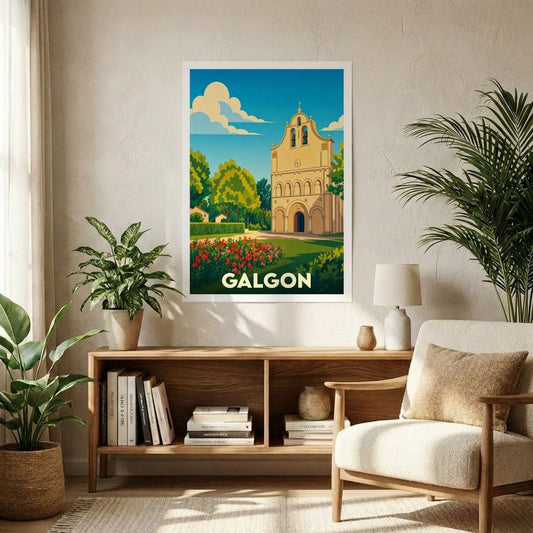 Affiche souvenir de la ville de Galgon représentant son église dans un style graphique rétro et coloré.