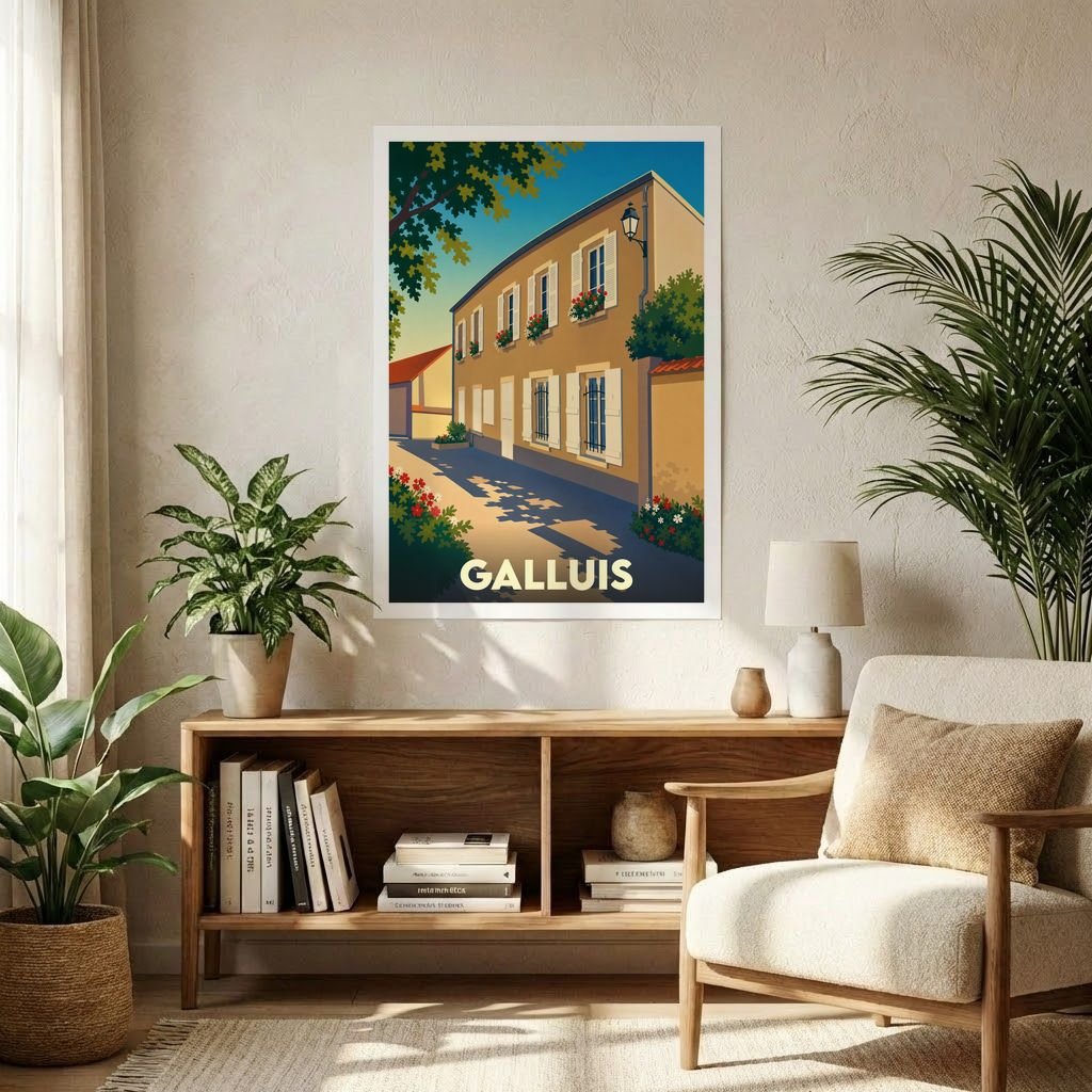 Affiche souvenir de la ville de Galluis représentant une ruelle ensoleillée dans un style graphique rétro.