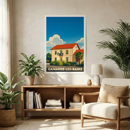 Affiche souvenir de la ville de Gamarde-les-Bains avec une illustration stylisée.
