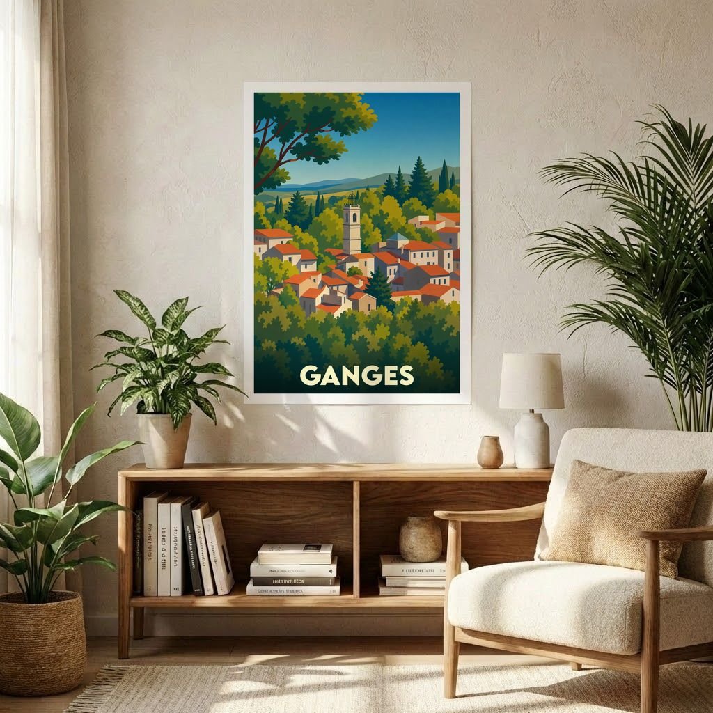 Affiche souvenir de la ville de Ganges présentant une illustration stylisée d'un village niché dans la végétation.