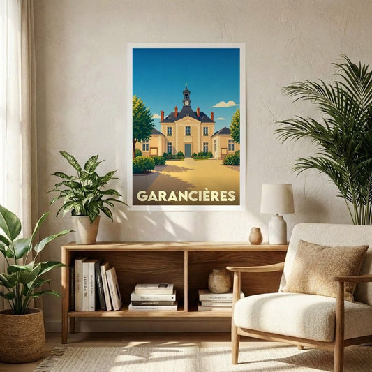Affiche souvenir de la ville de Garancières avec une illustration stylisée de son hôtel de ville.