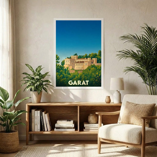 Affiche souvenir de la ville de Garat avec une illustration stylisée d'un château entouré de verdure.
