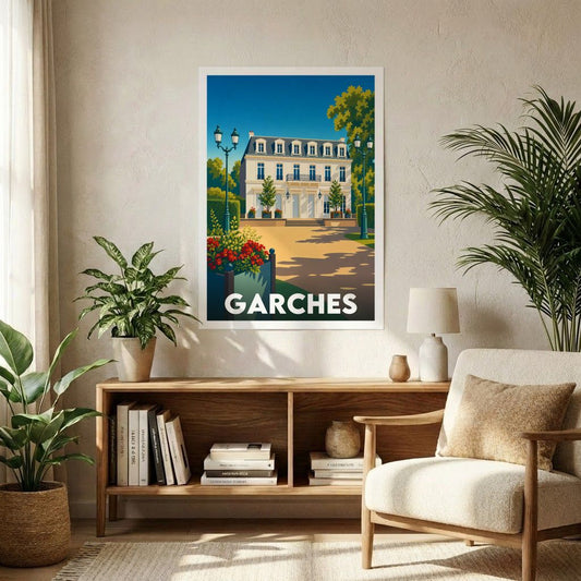Affiche souvenir de la ville de Garches avec une illustration stylisée d'un bâtiment élégant entouré de jardins.
