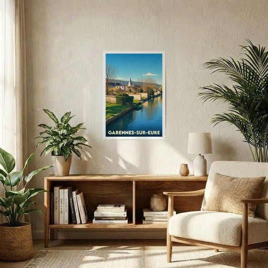 Affiche souvenir de la ville de Garennes-sur-Eure avec une illustration stylisée de son canal.