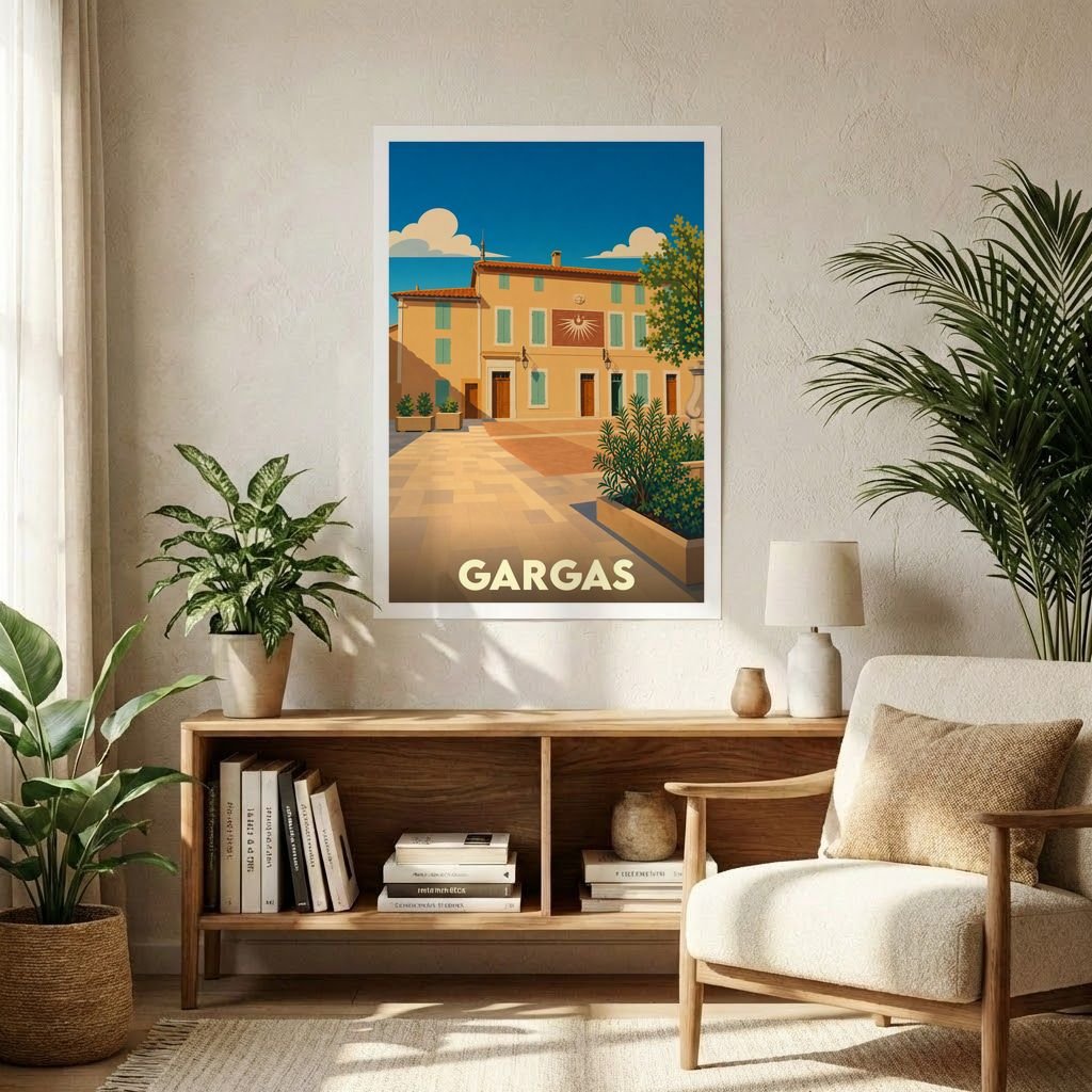 Affiche souvenir de la ville de Gargas avec une illustration stylisée d'une place ensoleillée.