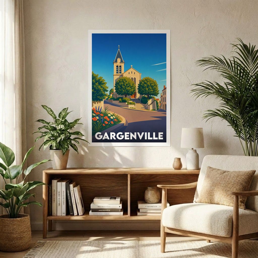 Affiche souvenir de la ville de Gargenville avec une illustration stylisée de son église et de ses paysages.